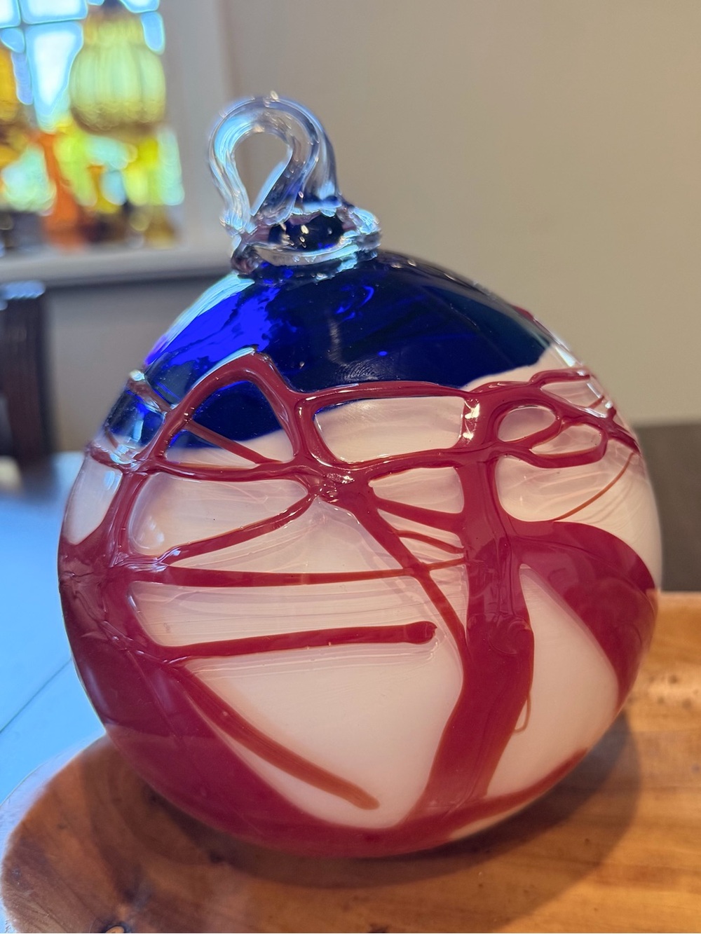 Handblown Glass OrnamentWhite, Cobalt Blue White & Red Friendship Orb